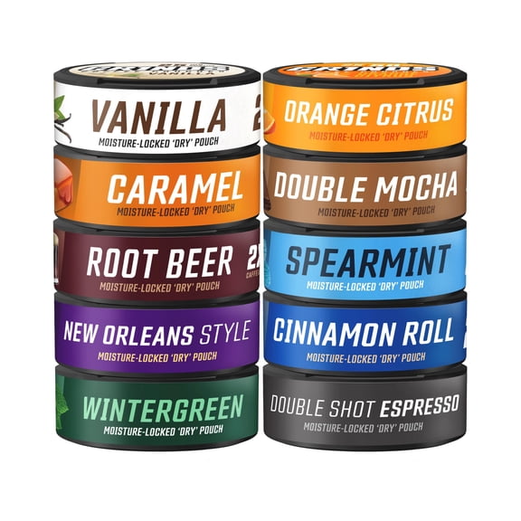 Grinds Coffee Pouches | 10-Can Variety Pack (Vanilla, Caramel, Root Beer, Orange Citrus, Double Mocha, Spearmint, Cinnamon Roll, Wintergreen, Double Shot Espresso, New Orleans Style) | Brew-Free Coff