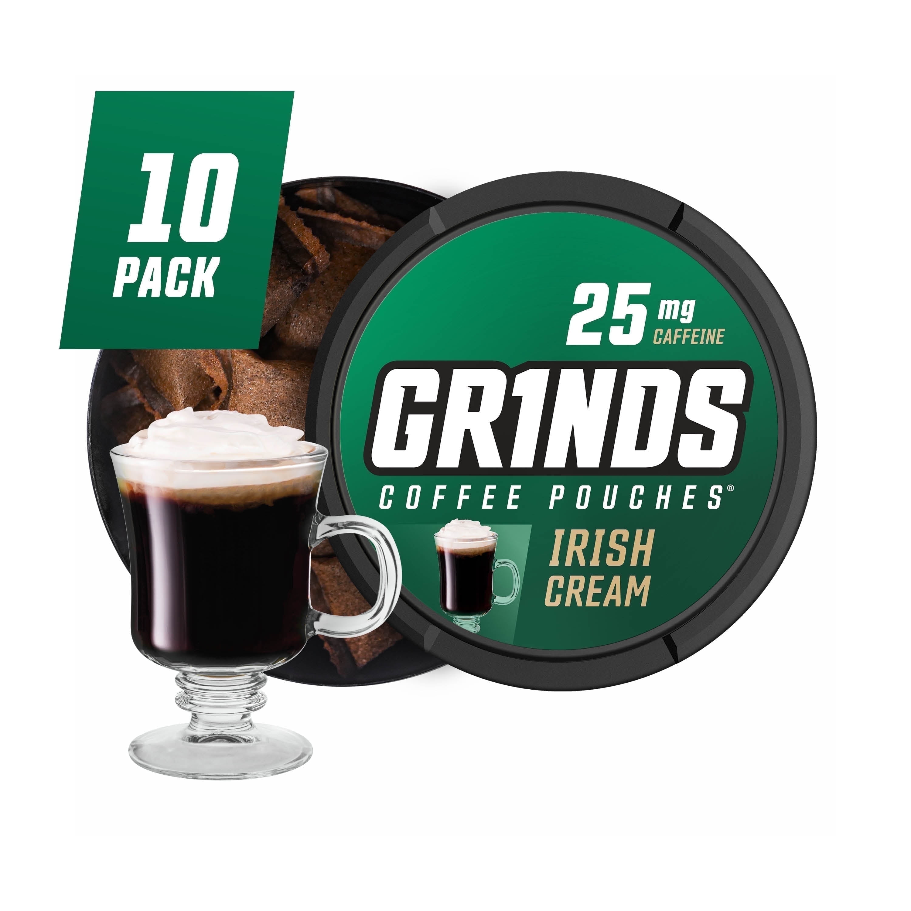 Grinds Coffee Pouches | 10 Cans of Irish Cream | Tobacco/Nicotine Free | Medium Roast