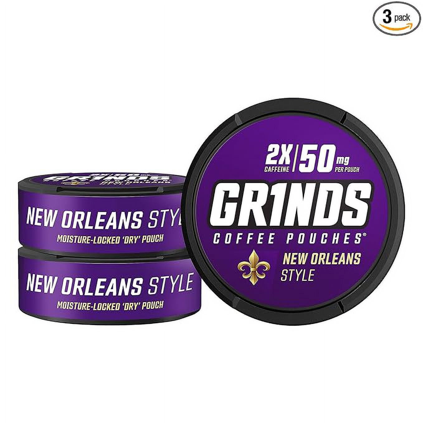 Grinds Coffee Pouches 3 Cans of New Orleans Made in the USA Tobacco Free, Nicotine Free
