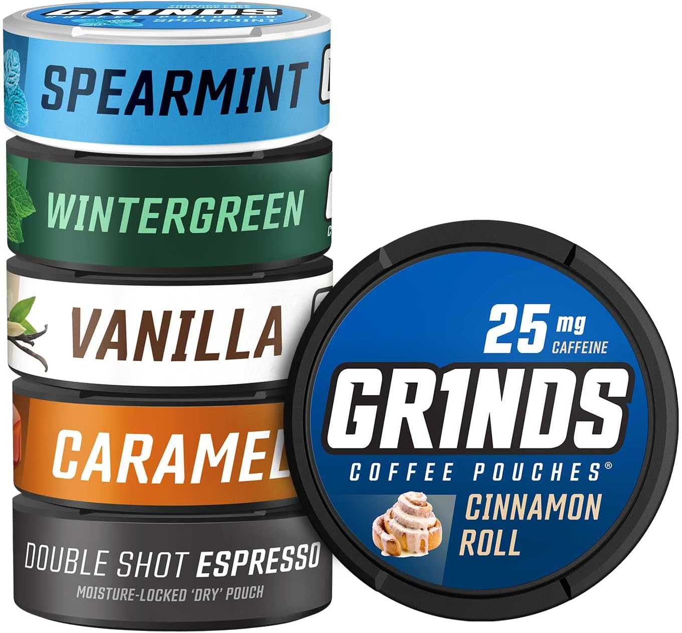 Grinds Coffee Pouches 6 Can Sampler Caramel, Espresso, Cinnamon