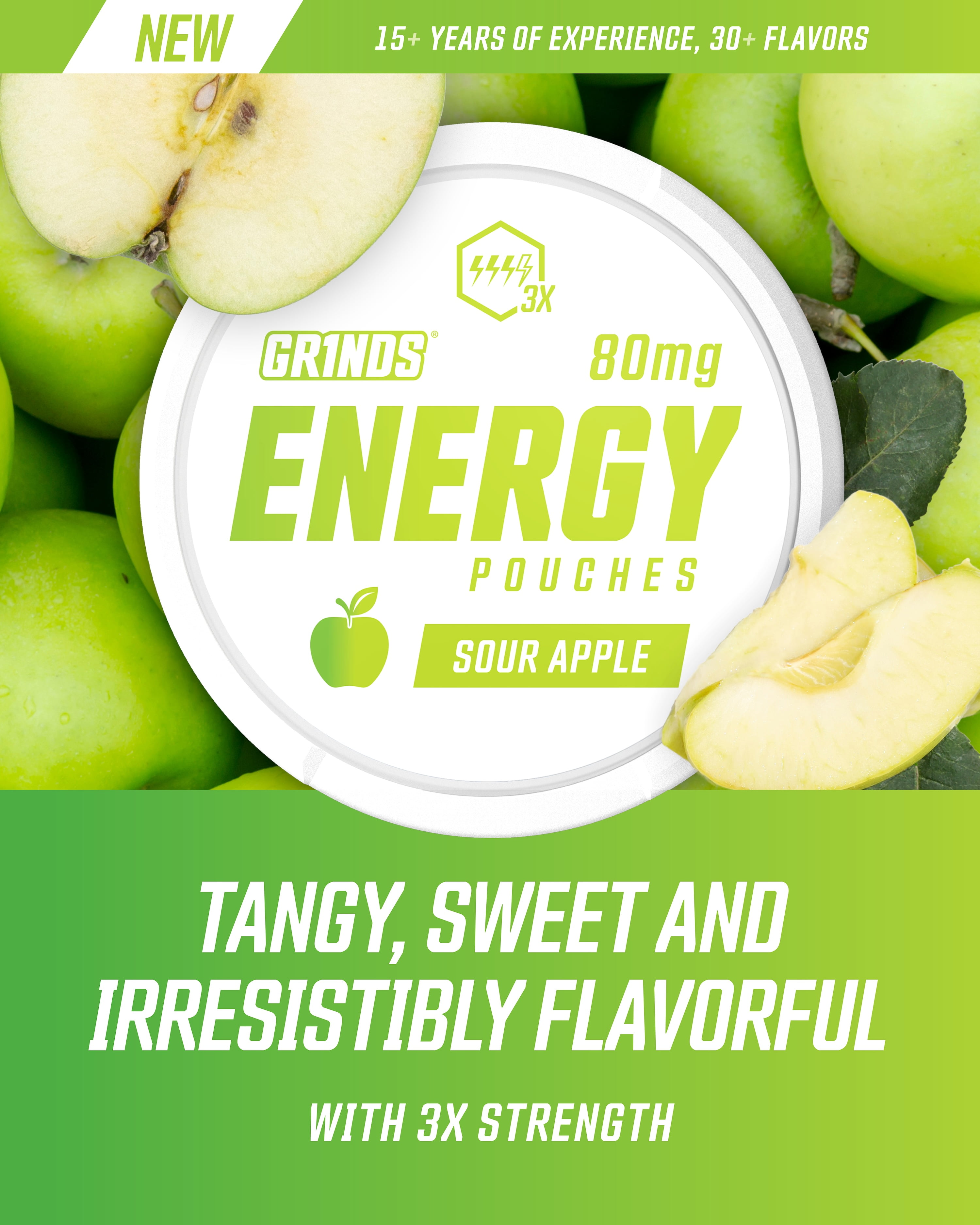 Grinds Energy Pouches, Nicotine-Free, 80mg Caffeine, Sour Apple, 18 Pouches (1 Can)