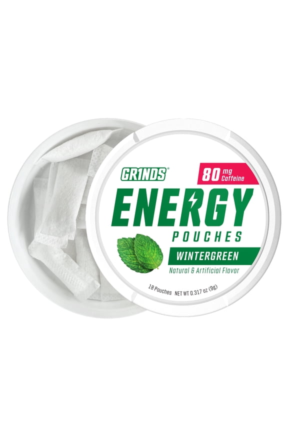 Energy Pouches, Nicotine-Free, 80mg Caffeine, Wintergreen, 18 Pouches (1 Can)
