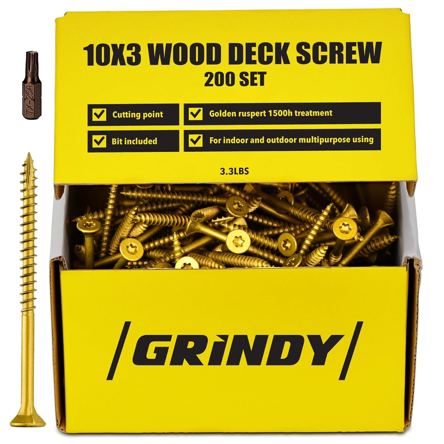 Grindy Deck Screws #10 x 3’’ (200pack/3.3LBS) - Self Drilling Wood Screws I T25 Star Drive I Bit Included