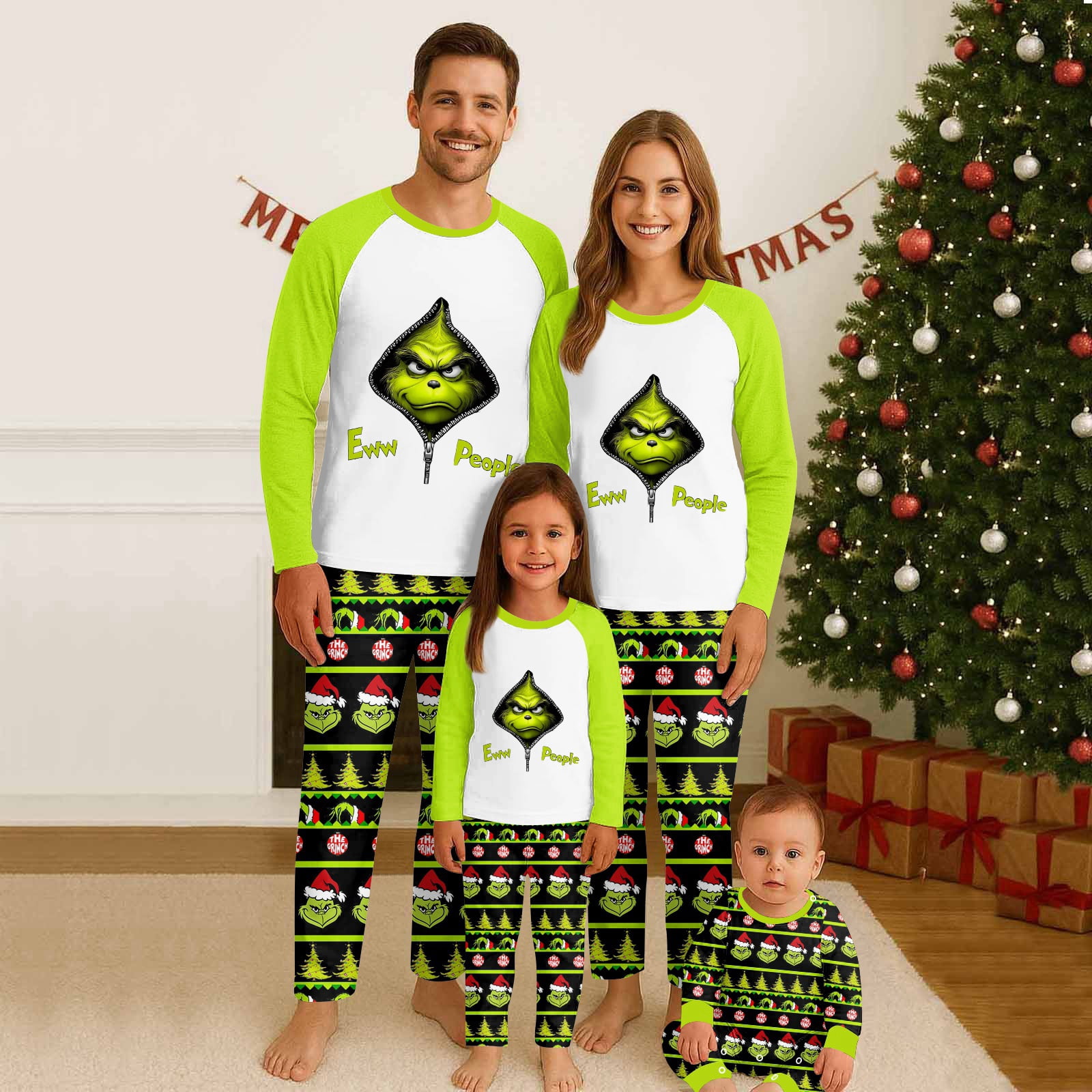 Grinnchy Matching Family Christmas Pajamas Sets, Cartoon Grinchy Theme ...