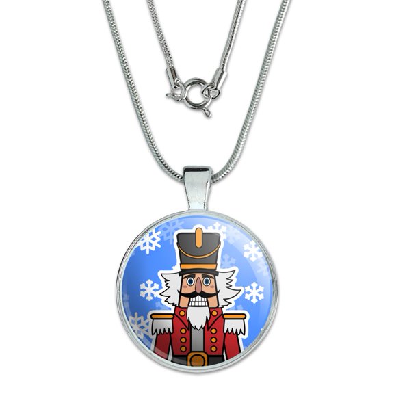 Grinning Nutcracker Soldier with Snowflakes 1" Pendant with Sterling Silver Plated Chain