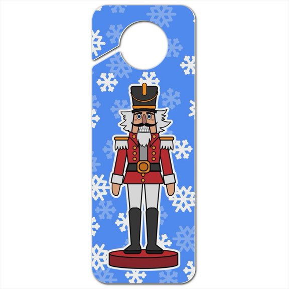 Grinning Nutcracker Soldier with Snowflakes Plastic Door Knob Hanger Sign