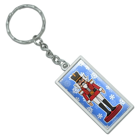 Grinning Nutcracker Soldier with Snowflakes Rectangle Chrome Plated Metal Keychain Key Chain