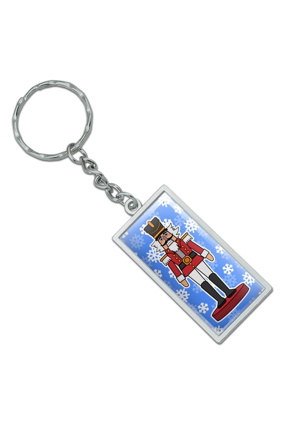 Grinning Nutcracker Soldier with Snowflakes Rectangle Chrome Plated Metal Keychain Key Chain