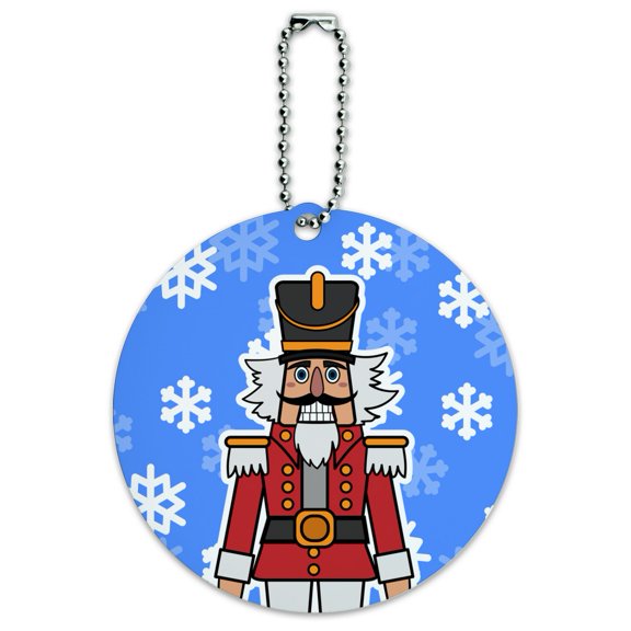 Grinning Nutcracker Soldier with Snowflakes Round Luggage ID Tag Card Suitcase Carry-On