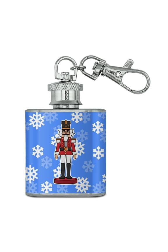 Grinning Nutcracker Soldier with Snowflakes Stainless Steel 1oz Mini Flask Key Chain