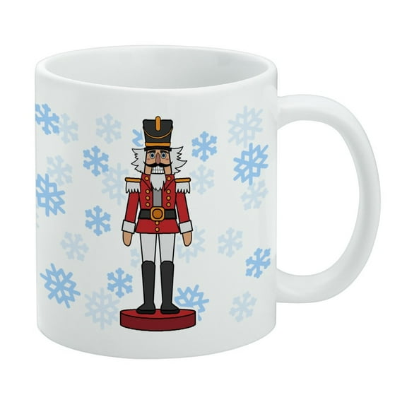 Grinning Nutcracker Soldier with Snowflakes White Mug