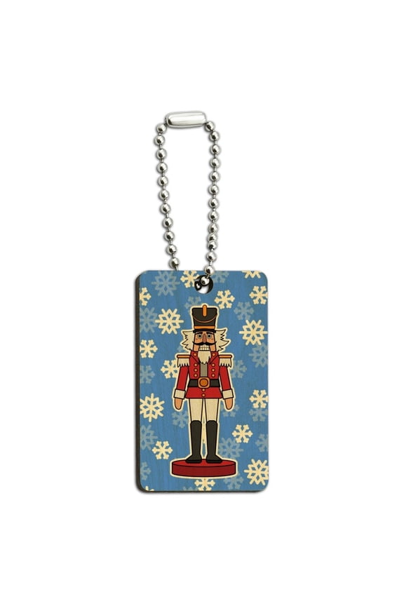 Grinning Nutcracker Soldier with Snowflakes Wood Wooden Rectangle Keychain Key Ring