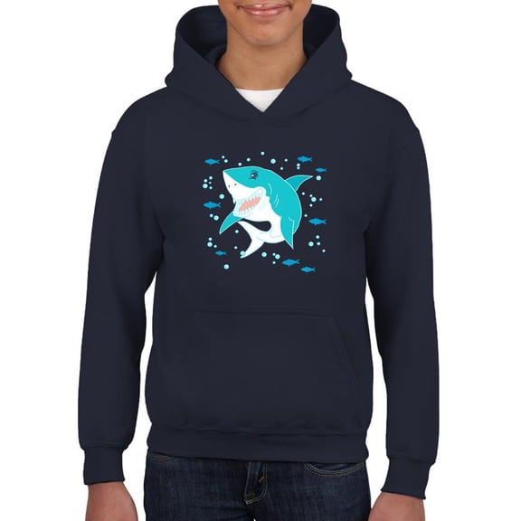 Grinning Shark Kids Art Hoodie Juniors - Youth Hoodie, Navy, Medium