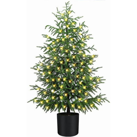 Grinzy 4FT Pre-Lit Artificial Norfolk Pine Christmas Tree – Realistic Potted Tree with 100 LED Lights & 8-Function Battery Box, Pre-Assembled Faux Holiday Décor for Indoor Use
