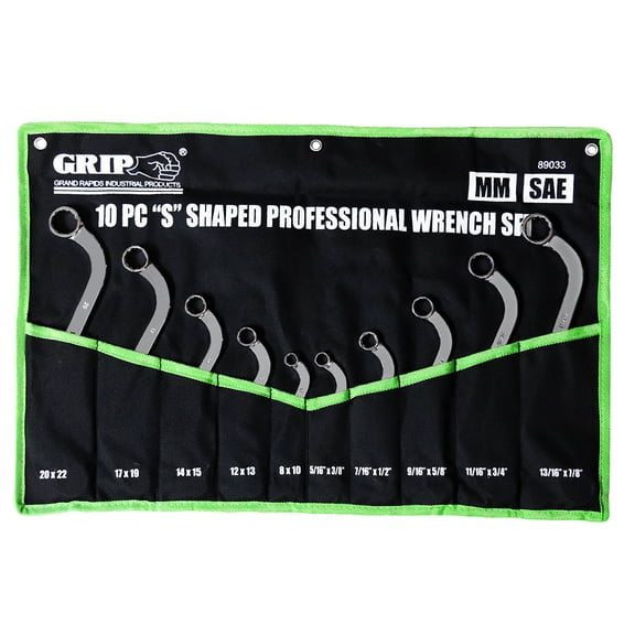 Grip 10 pc Professional "S" Shaped Wrench Set MM & SAE - Roll Up Storage Pouch Included - Chrome Vanadium Steel