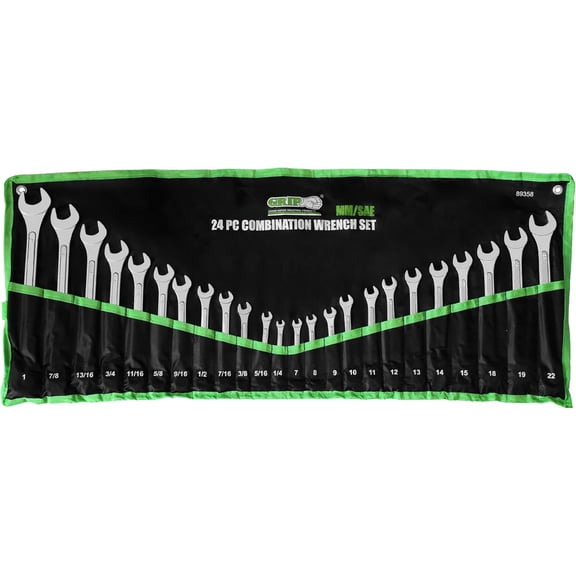 Grip 24 pc Raised Panel Combination Set MM/SAE - 12 point - Metric 7mm to 22mm - SAE 1/4 to 1" - Roll-up Storage Pouch - Household, Garage, Auto Repairs, Cars, Trucks, Boat
