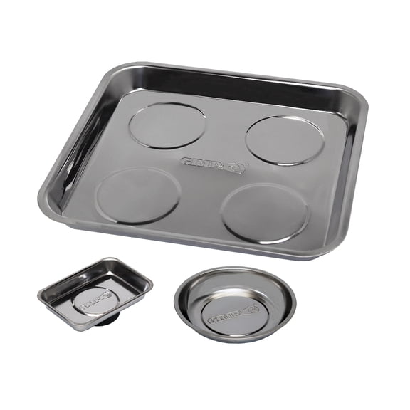 Grip 3 pc Magnetic Parts Tray Set - 9 1/2" X 10" Square Tray, 4" Circle Tray, 3.5" X 2.5" Mini Tray - Sockets, Screws, Nuts, Bolts, Metal Parts