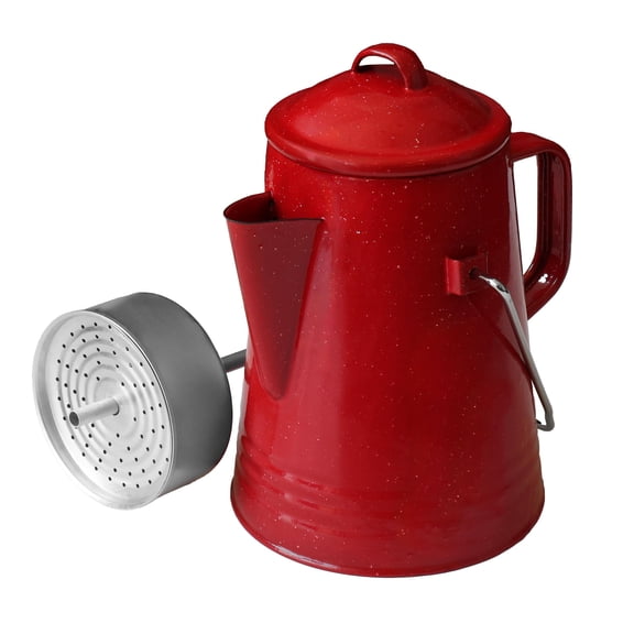 Grip Coffee Percolator (Red) - Durable Glazed Enamel Steel - Prepare Coffee Over the Fire - Camping, Hiking, Backpacking, Fishing, Hunting - (8 Cups)