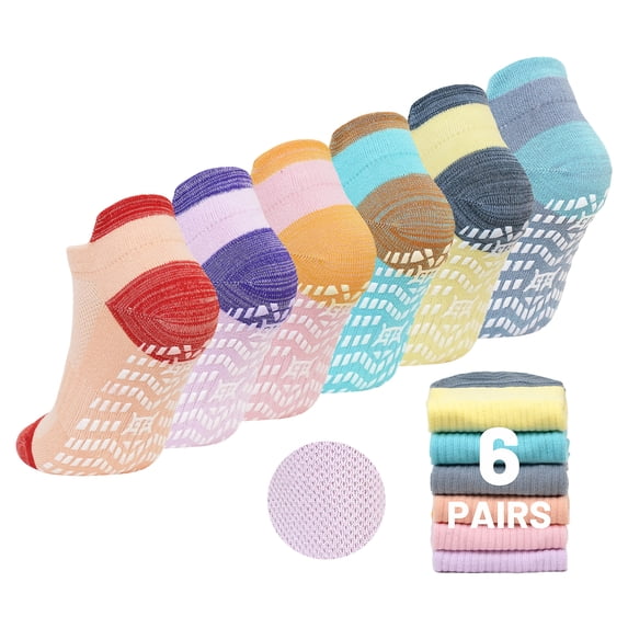 Grip Pilates Socks for Women, PUTUO Non Slip Yoga Sock, Gripper Socks for Athletic Pilates Ballet Workout Hospital, 6 Pairs