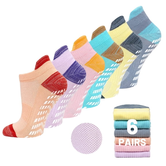 Grip Pilates Socks for Women, PUTUO Non Slip Yoga Sock, Gripper Socks for Athletic Pilates Ballet Workout Hospital, 6 Pairs