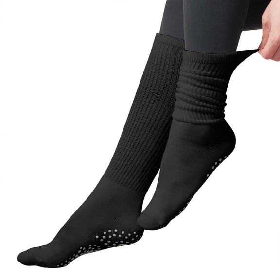 Grip Pilates Socks for Women, Yoga Slouch Socks with Grip for Barre Workout Hospital Long Scrunch Slipper Socks Black