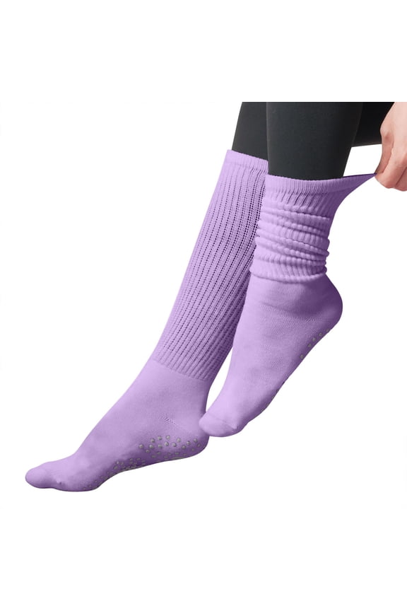 Grip Pilates Socks for Women, Yoga Slouch Socks with Grip for Barre Workout Hospital Long Scrunch Slipper Socks Purple