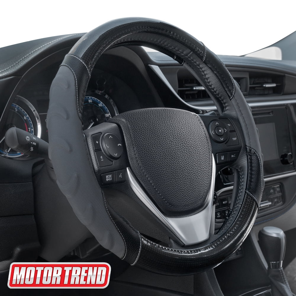 Motor Trend GripPlus Black Carbon Fiber Steering Wheel Cover, Standard 15 inch Size, Advanced Traction Grip, Car Steering Wheel Cover for Truck Van SUV Auto