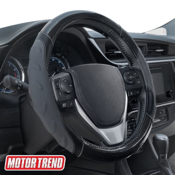Motor Trend GripPlus Black Carbon Fiber Steering Wheel Cover, Standard 15 inch Size, Advanced Traction Grip, Car Steering Wheel Cover for Truck Van SUV Auto