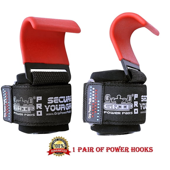 Grip Power Pads Heavy Duty PRO Metal Weight Lifting Steel Hooks, Set of 2, 600 LB, 1 Pair of Power Hooks, Red