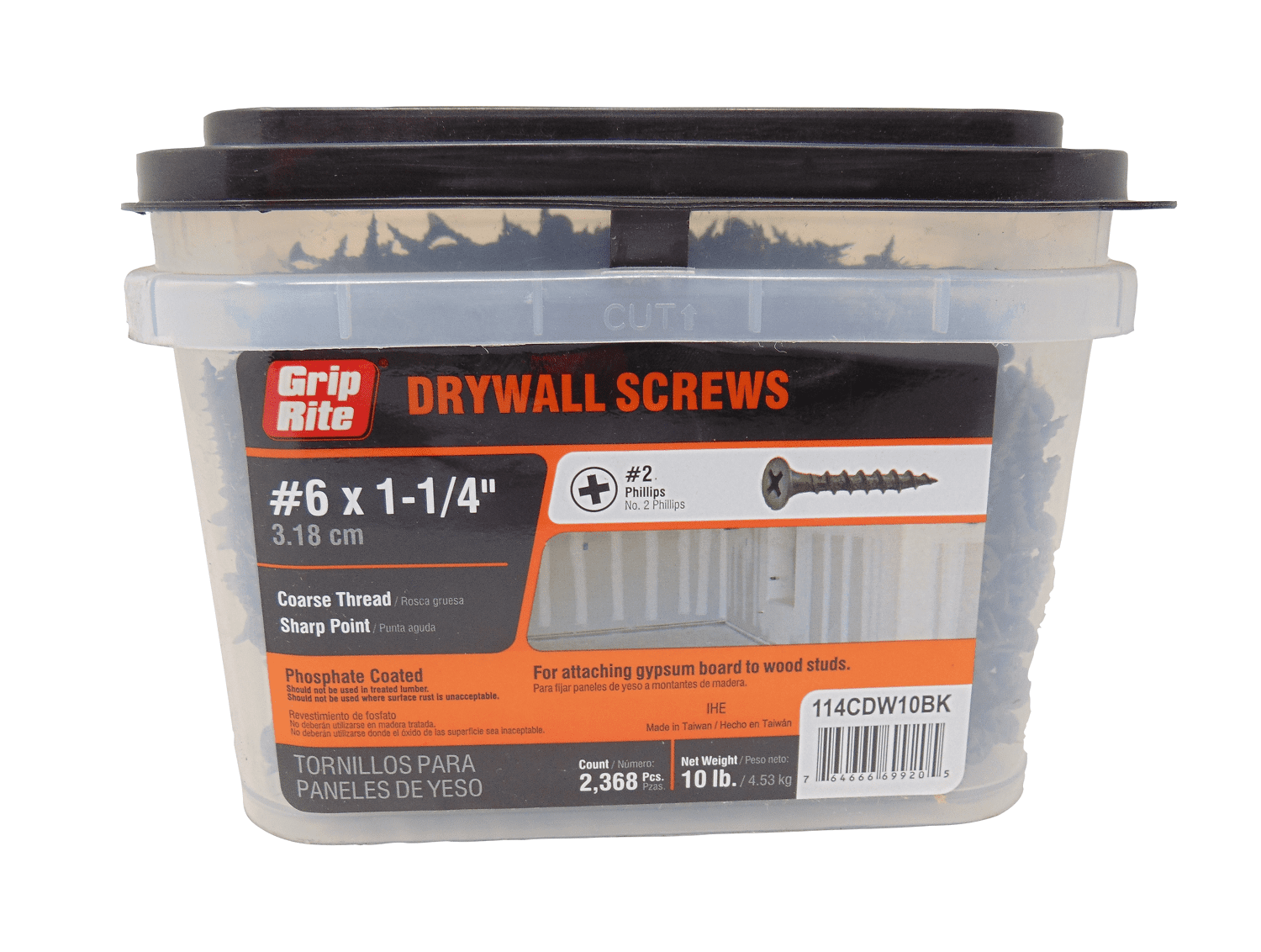 Grip Rite 114CDW10BK #6 by 1-1/4" Bulk Drywall Screws 2,368 count, 10lbs.