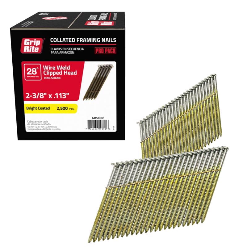 Grip-Rite 2-3/8 in. L X 11-1/2 Ga. Angled Strip Bright Framing Nails 28 ...