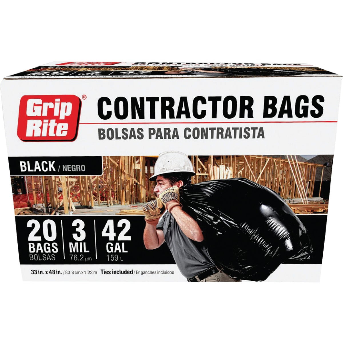 Grip-Rite GRHDCBAG20 42 gal Heavy-Duty Contractor Trash Bag - White Cap