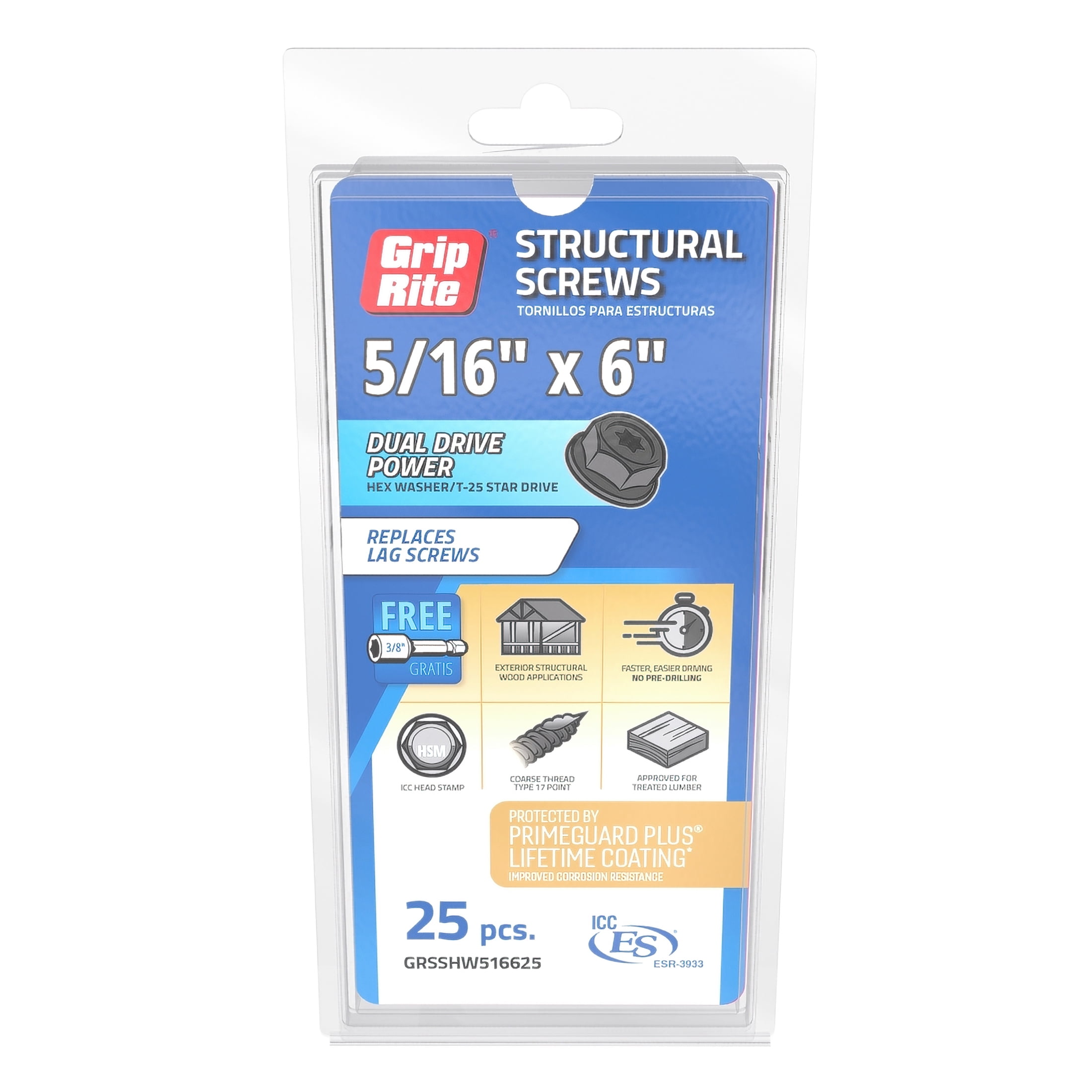 Grip-Rite 5/16 x 6 in. Structural Screw Dual Drive/Hex Washer Head 25CT