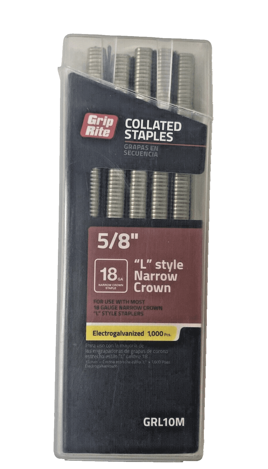Grip Rite 5/8" L Style Narrow Crown Collated 18 GA Staples GRL10M Clip 1000 pcs