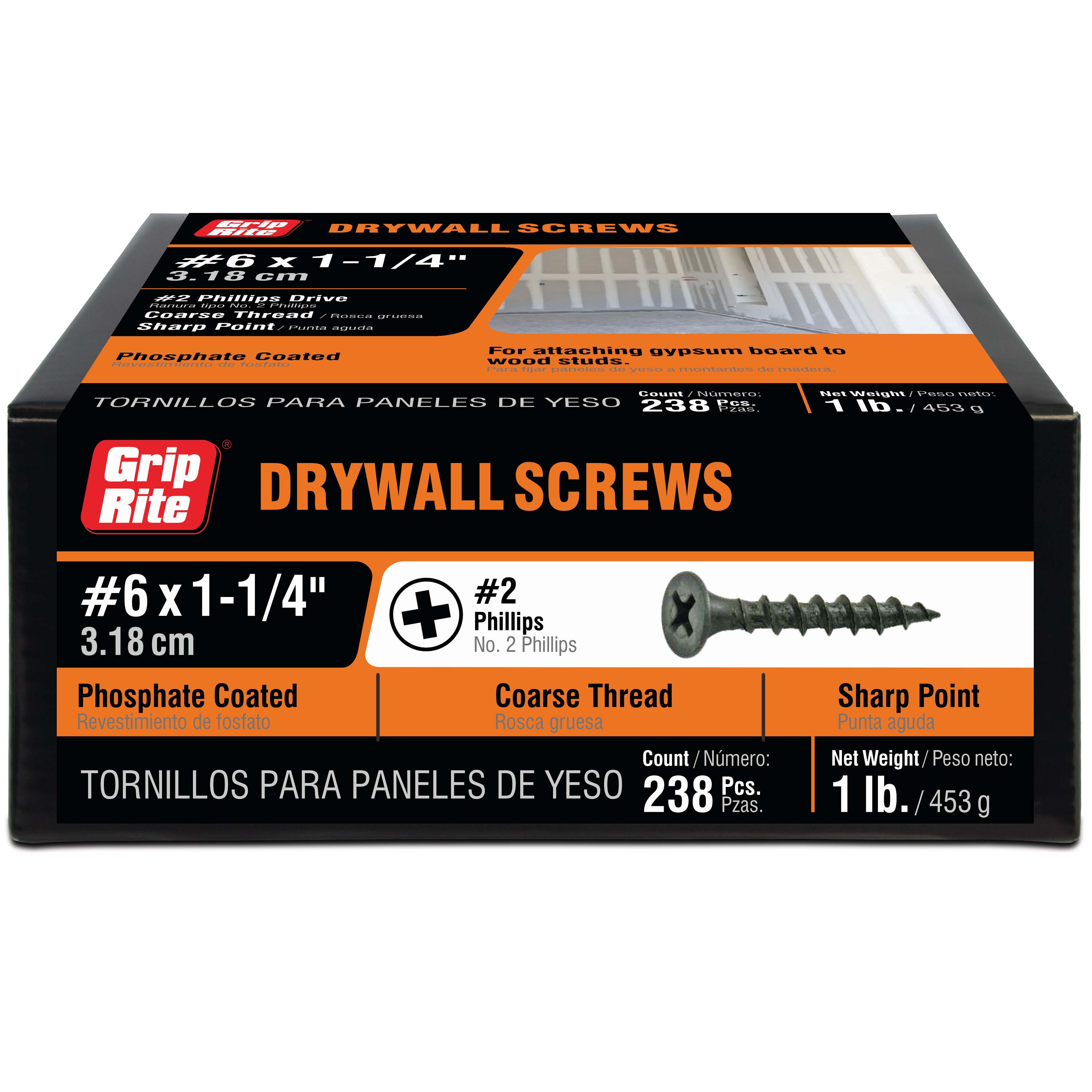 Grip-Rite #6 x 1-1/4 in. Phillips Bugle-Head Coarse Thread Sharp Point Drywall to Wood Screw 1lb. - image 1 of 8