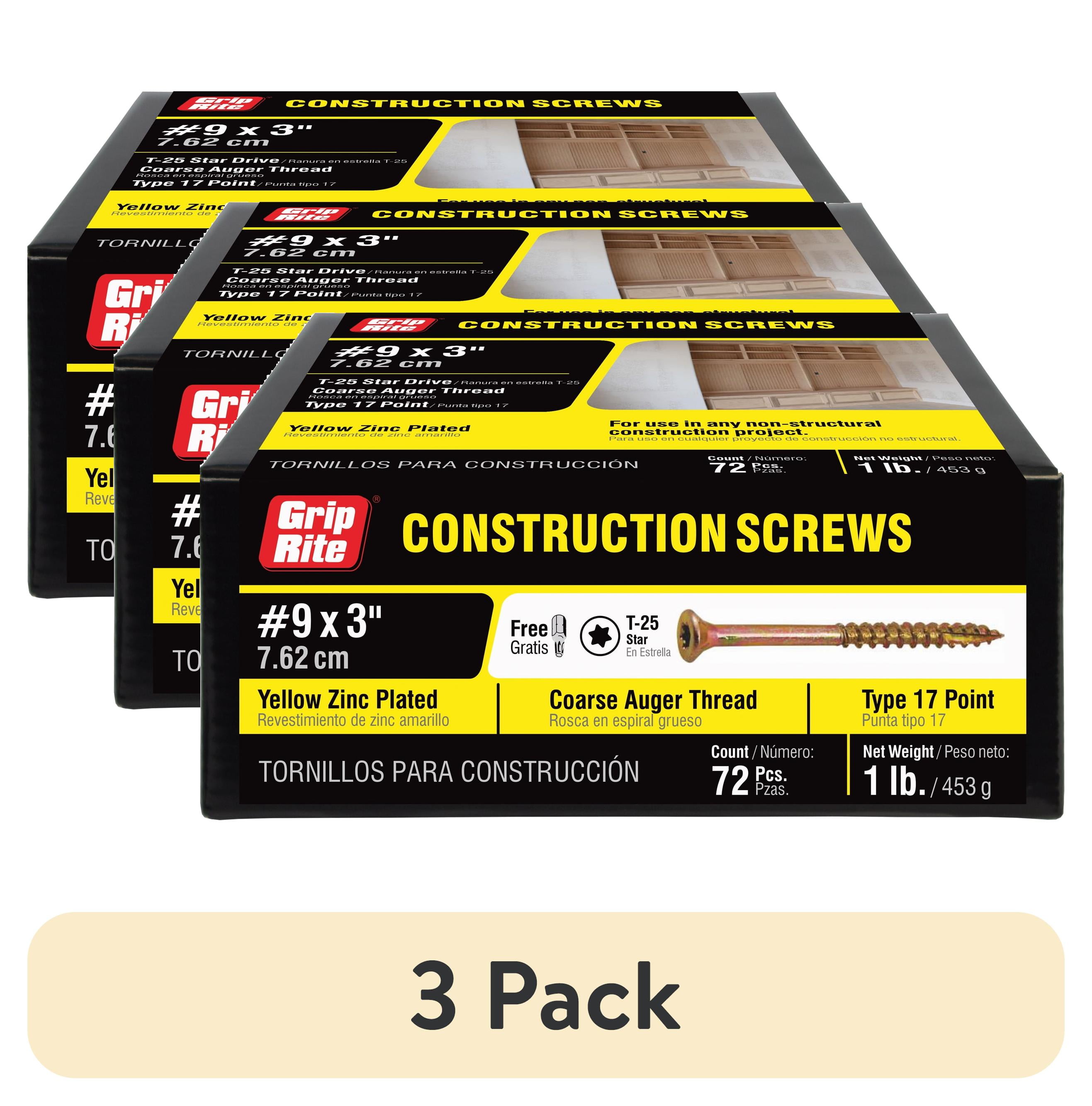(3 pack) Grip-Rite #9 X 3 in. Star Drive Gold Construction Wood Screw 1 ...