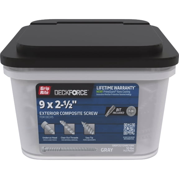 Grip-Rite DeckForce Exterior Composite Deck Screws for PVC and Composite Deck Projects - Nano Coated Screws - T-17 Saw Tip - Grey - #9 x 2-1/2" - 10 lb Bucket - GRDFCS212HAG10BK