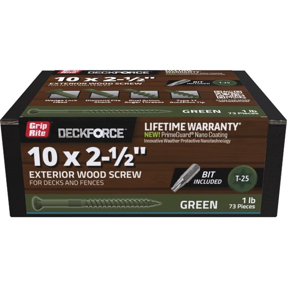 Grip-Rite DeckForce Exterior Wood Screws for Decks and Fences - Nano Coated - T-17 Autopilot Tip - Green Deck Screws - #10 x 2-1/2" - 1 Lb Box - GRDF212STGR1