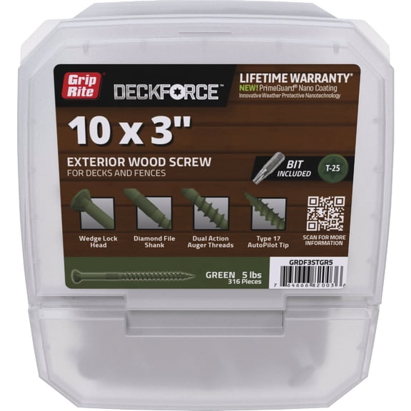 Grip-Rite DeckForce Exterior Wood Screws for Decks and Fences - Nano Coated - T-17 Autopilot Tip - Green Deck Screws - #10 x 3-5 Lb Box - GRDF3STGR5