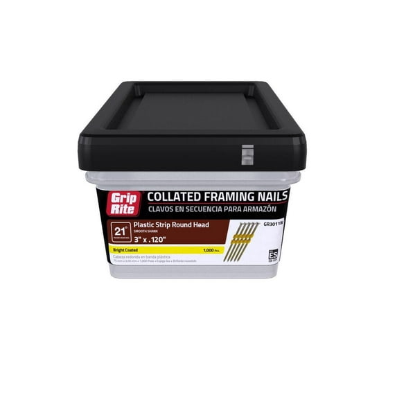 Grip Rite GR3011M 21deg Strip Round Head Bright Collated Framing Nails,3"x0.120"
