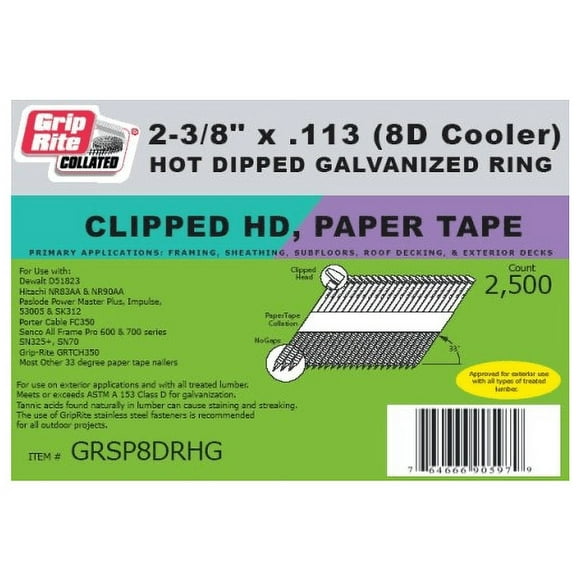 Grip Rite GRSP8DRHG 2-3/8" x .113" x 30-Degree Paper Collated Ring Shank Hot-Dip Galvanized Framing Nail, 2,500-Count
