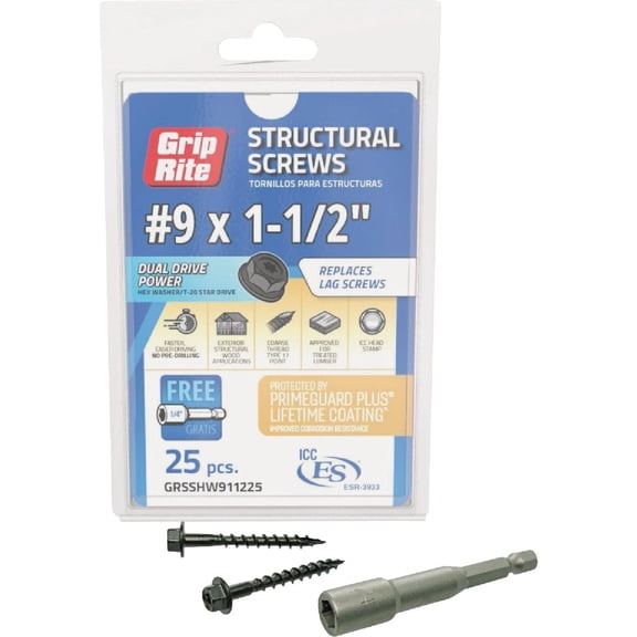 Grip-Rite GRSSHW911225 Hex Washer Head Structural Screws, 1-1/2 Inch