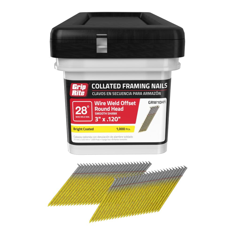 Grip-Rite GRW10H1, Collated 28-degree RH Wire Fasteners, 3" x .120 Coated Smooth, 1,000 Nails, Job Pack C80