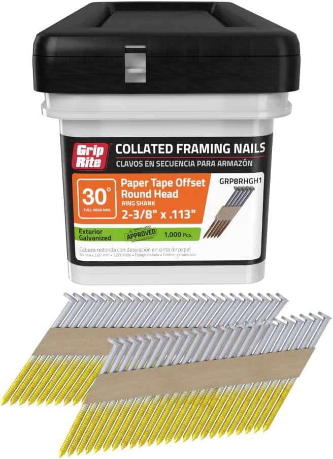 Grip Rite Prime Guard GRP8RHGH1 30 Degree Paper Tape Offset Round Head Exterior Galvanized Collated Framing Nails, 2-3/8" x 0.113"