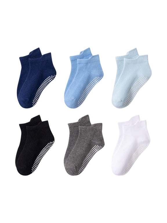 Grip Slipper Socks for Boys & Girls Anti-Slip 6 Pack 0-5 Years Toddlers Kids Multipack Cotton Low-Cut Solid Breathable No Show Ankle Sock