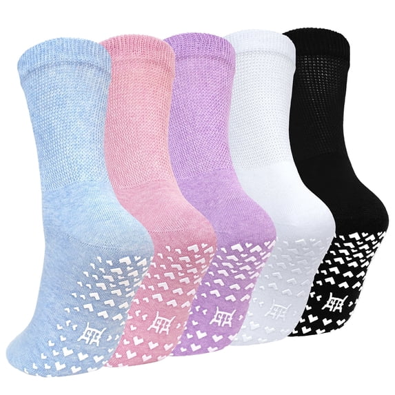 Grip Socks for Women: LOFIR Womens Crew Non Slip Grippy Socks with Grippers, 5 Pairs Non Skid Hospital Socks for Seniors Elderly Women, Nursing Home & Daily Wear, Size11-13