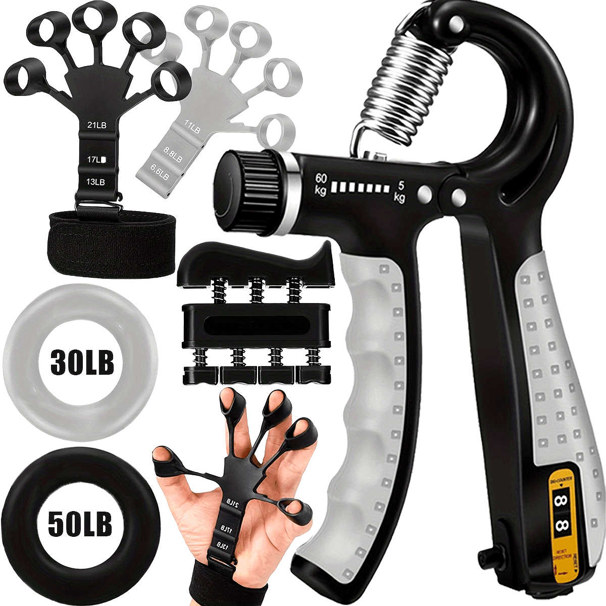 [Grip Strength Trainer] 6 PACK Grip Strength Trainer Kit - Finger Exerciser, Hand Grip Strengthener, Hand Extension Exerciser And Large Size Forearm Workout Ring For Muscle Building