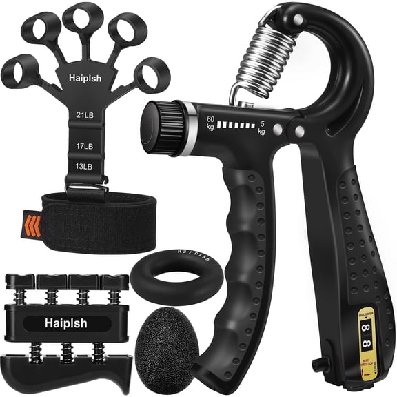 Grip Strength Trainer Kit (5 Pack) with Finger Exerciser, Forearm Strengthener, Hand Extension Exerciser, Stress Relief Ball and Forearm Workout Ring