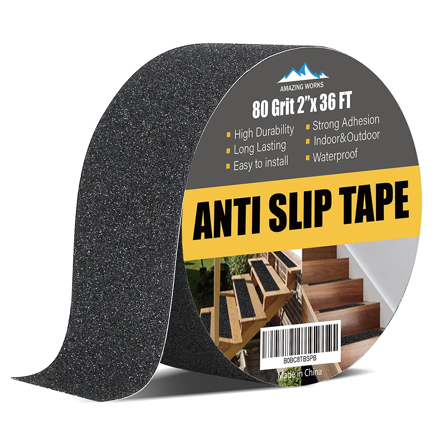Grip Tape - Heavy Duty Anti Slip Tape, Grip Tape Grit Non Slip for Stairs Outdoor/Indoor, Waterproof High Traction Stairs Non Skid Treads, Durable Triple Layer Adhesive - Black (2 Inch x 36 Feet)
