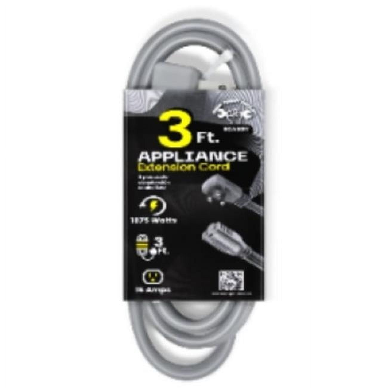Gray 3 Ft. PVC Appliance Extension Cord with 15 Amps